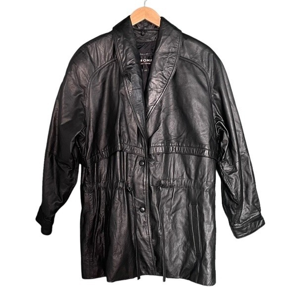 Vintage 90s Wilsons Leather Black Drawstring Anorak Jacket Women’s Size Medium - Picture 2 of 10